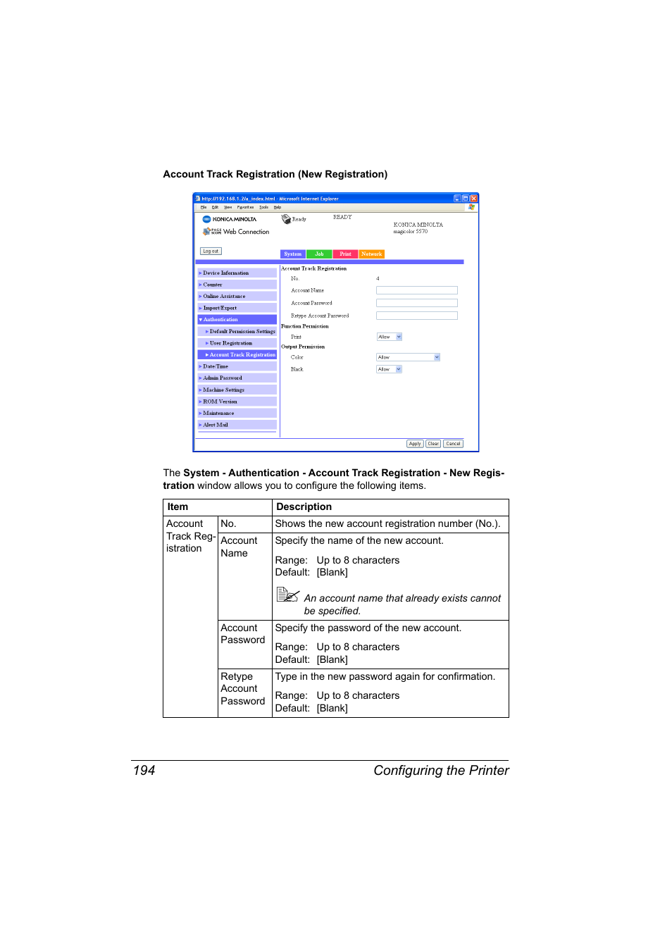 Configuring the printer 194 | Konica Minolta magicolor 5550 User Manual | Page 212 / 296