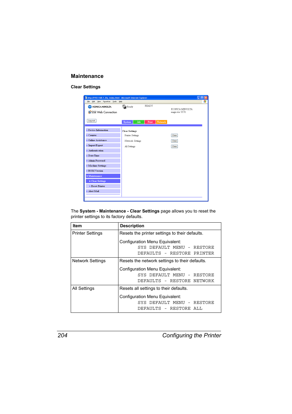 Maintenance, Maintenance 204, Configuring the printer 204 | Konica Minolta magicolor 5550 User Manual | Page 222 / 296