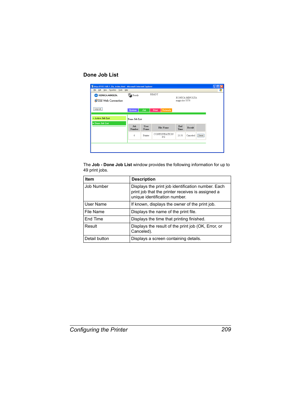 Done job list, Done job list 209, Configuring the printer 209 | Konica Minolta magicolor 5550 User Manual | Page 227 / 296