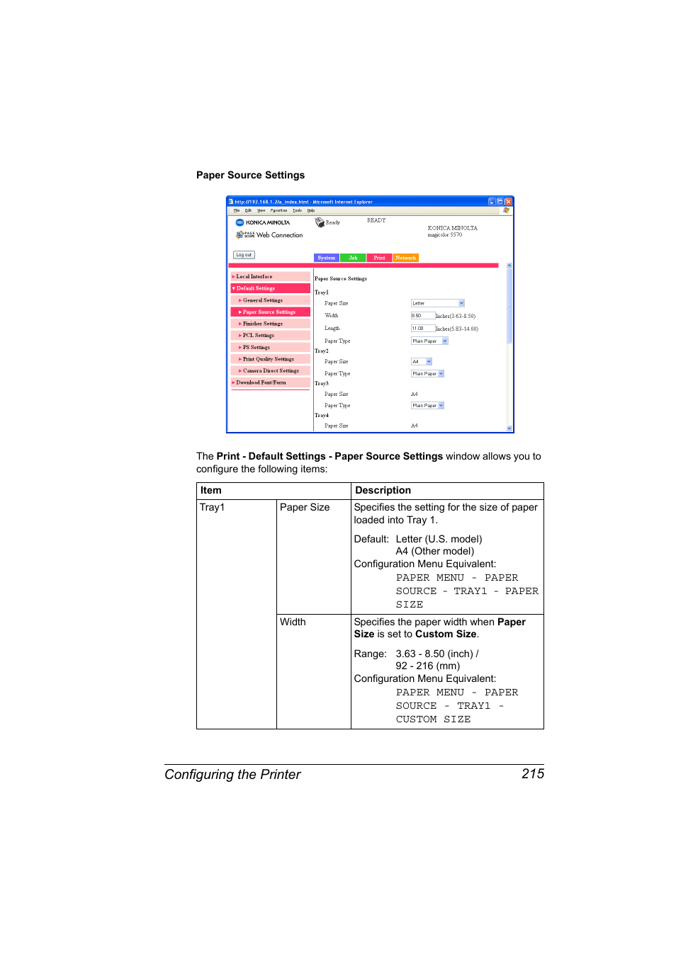 Configuring the printer 215 | Konica Minolta magicolor 5550 User Manual | Page 233 / 296