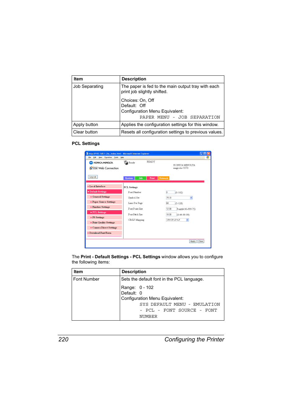 Configuring the printer 220 | Konica Minolta magicolor 5550 User Manual | Page 238 / 296