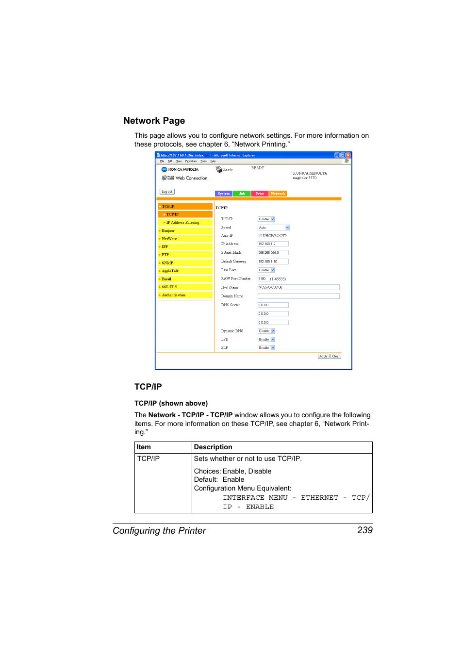 Tcp/ip, Tcp/ip 239, Configuring the printer 239 network page | Konica Minolta magicolor 5550 User Manual | Page 257 / 296