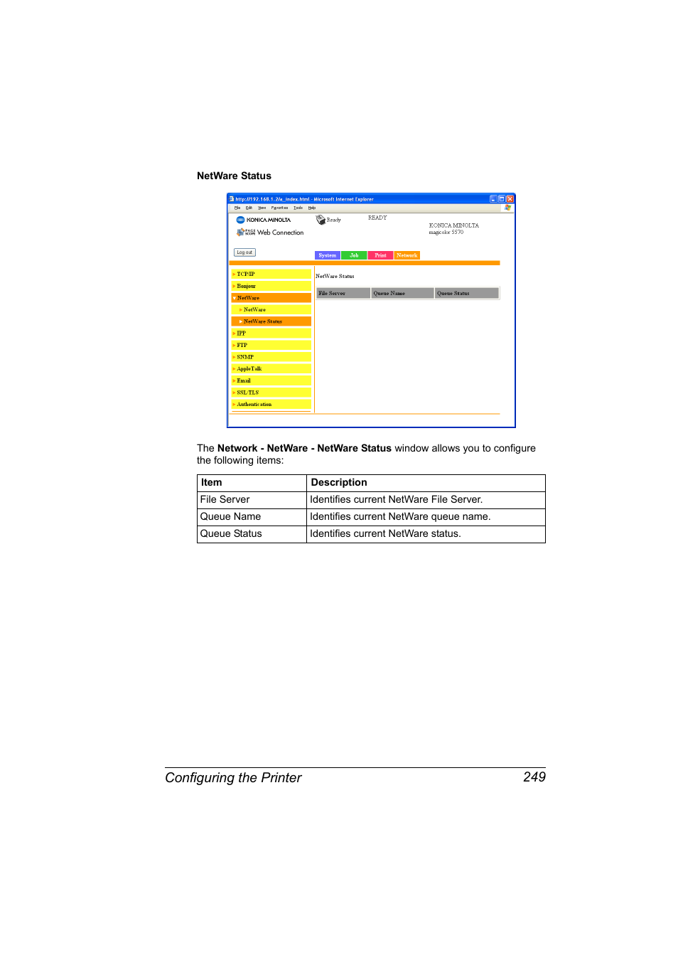 Configuring the printer 249 | Konica Minolta magicolor 5550 User Manual | Page 267 / 296