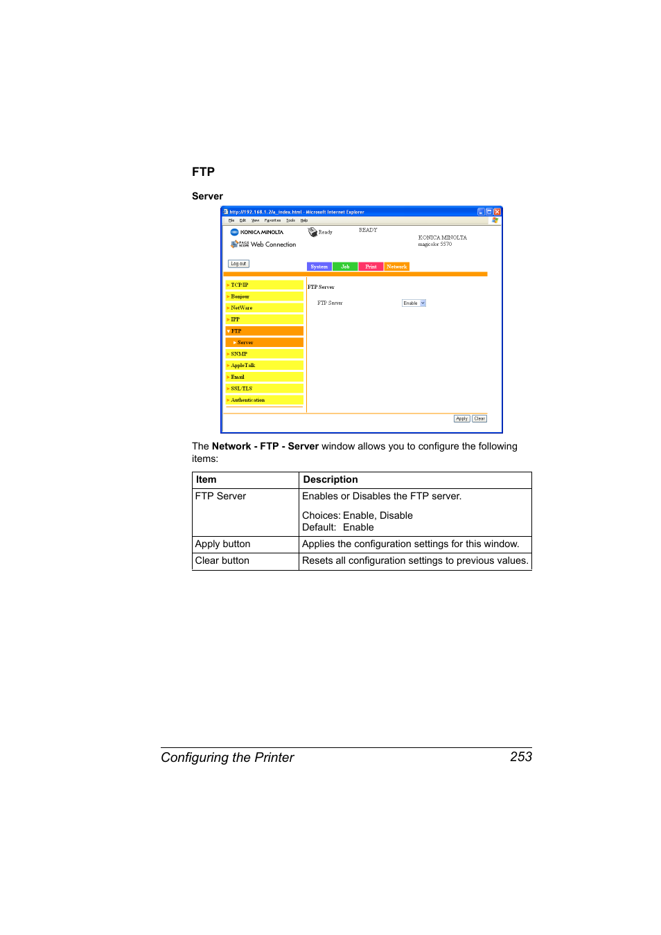 Ftp 253, Configuring the printer 253 | Konica Minolta magicolor 5550 User Manual | Page 271 / 296