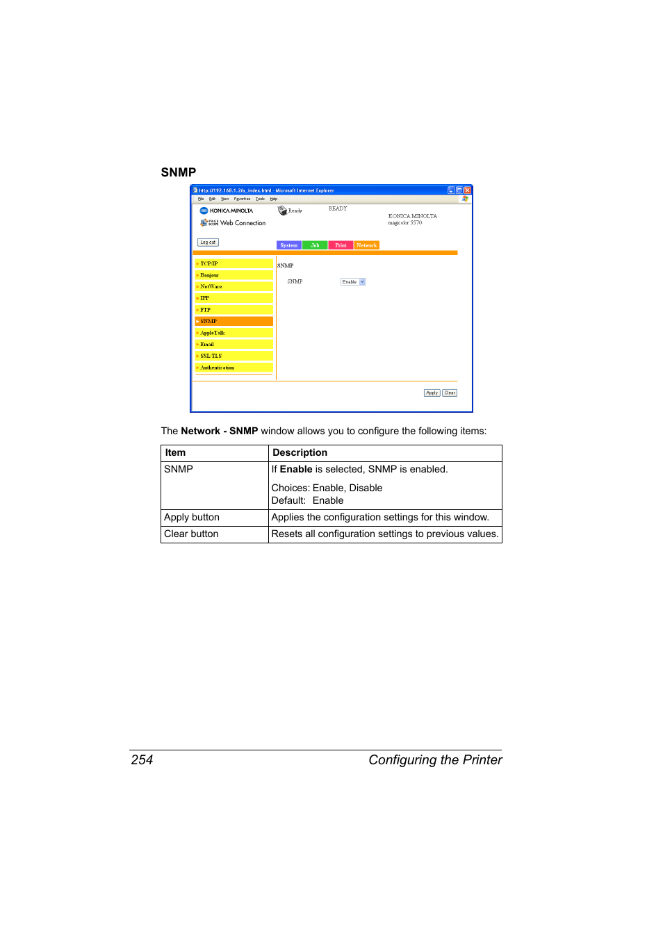 Snmp, Snmp 254, Configuring the printer 254 | Konica Minolta magicolor 5550 User Manual | Page 272 / 296