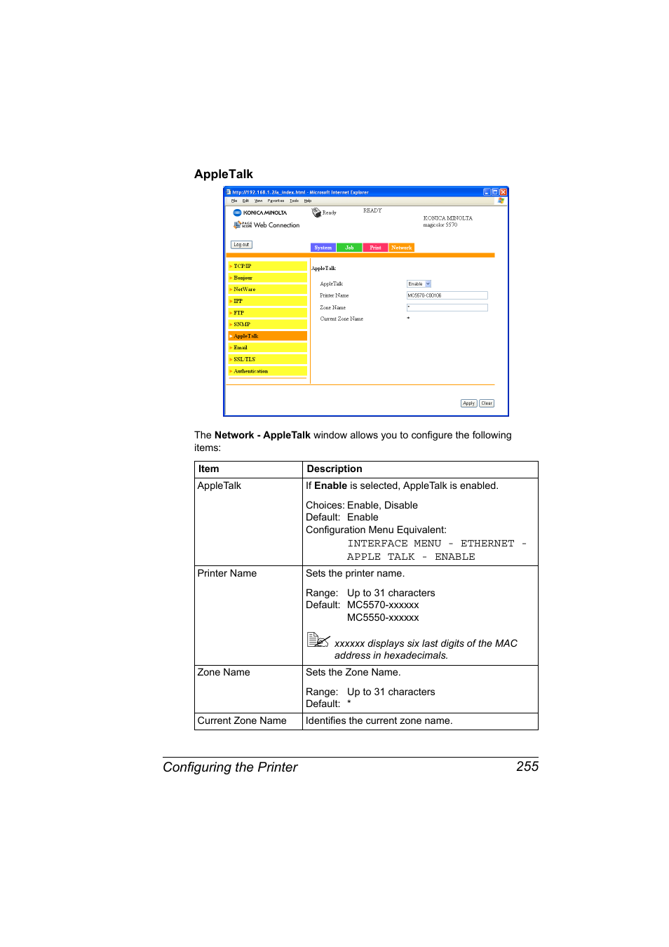 Appletalk, Appletalk 255, Configuring the printer 255 | Konica Minolta magicolor 5550 User Manual | Page 273 / 296