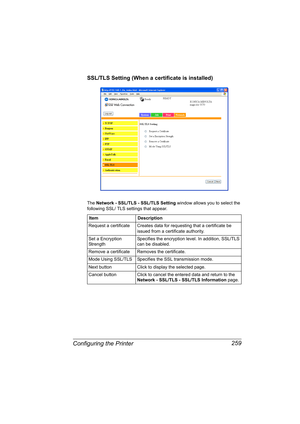 Ssl/tls setting (when a certificate is installed), Configuring the printer 259 | Konica Minolta magicolor 5550 User Manual | Page 277 / 296