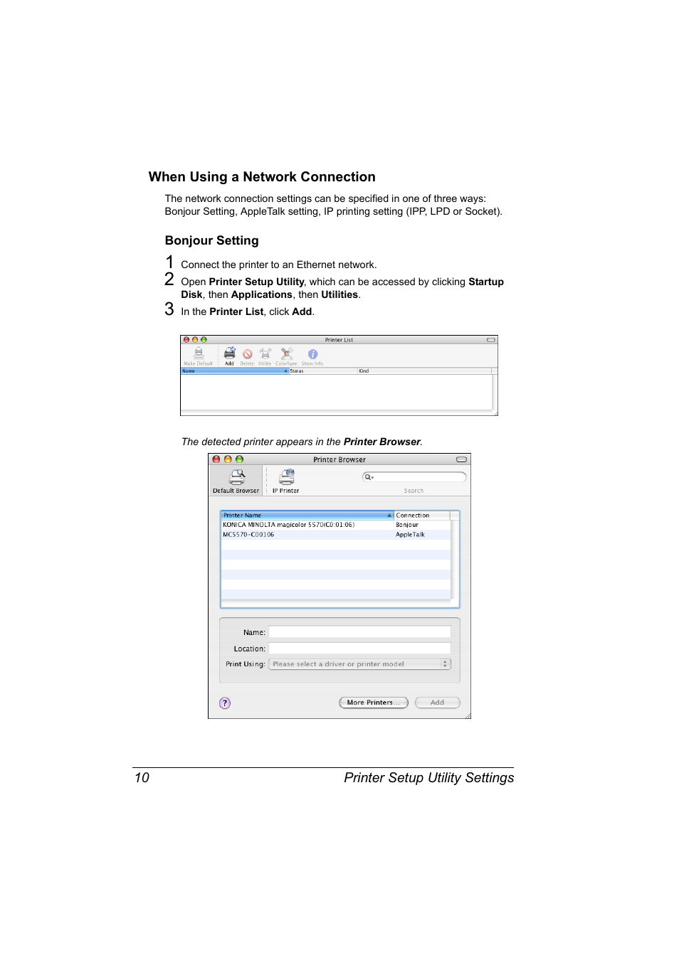 When using a network connection, Bonjour setting, When using a network connection 10 | Bonjour setting 10 | Konica Minolta magicolor 5550 User Manual | Page 28 / 296