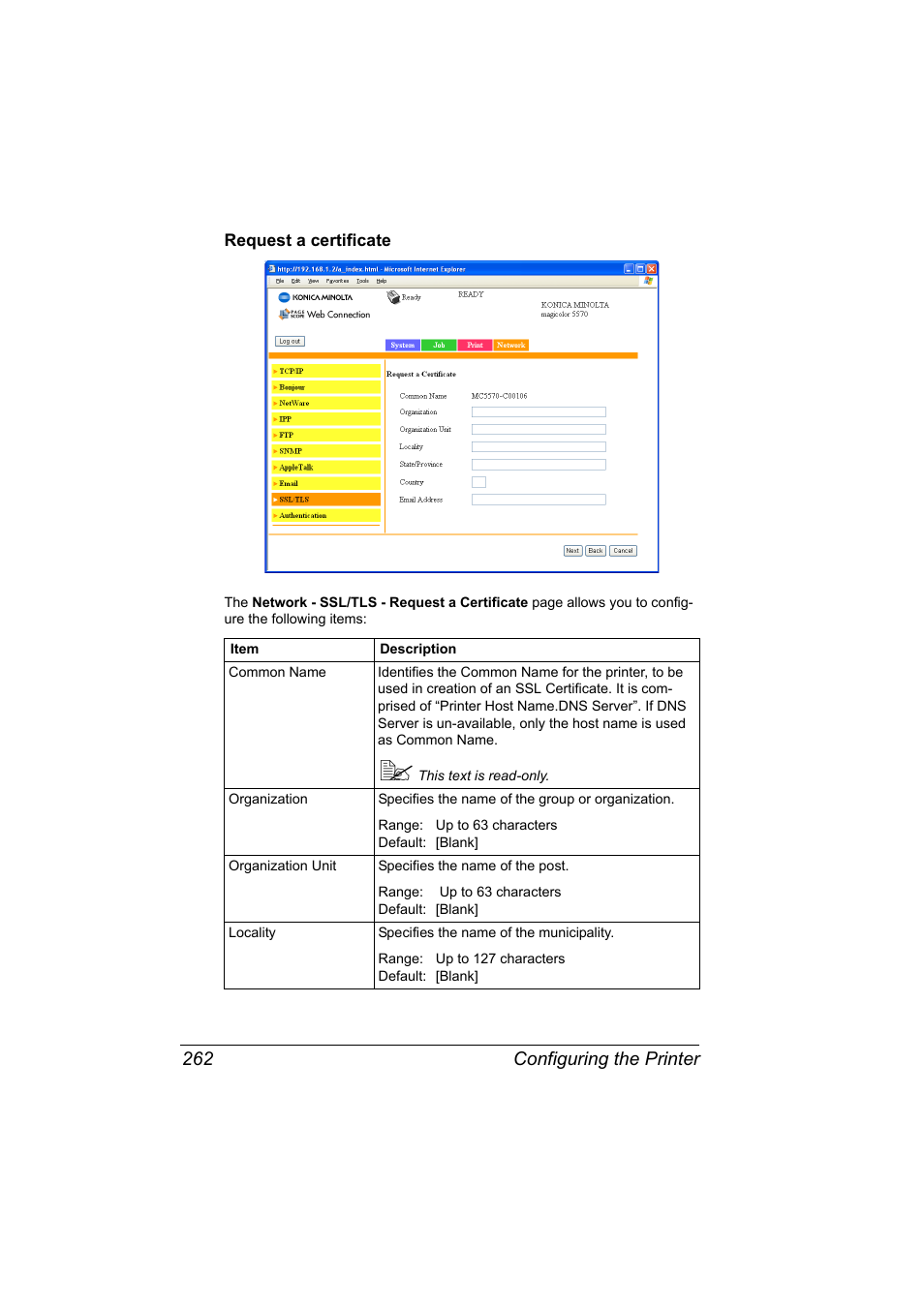 Request a certificate, Request a certificate 262, Configuring the printer 262 | Konica Minolta magicolor 5550 User Manual | Page 280 / 296