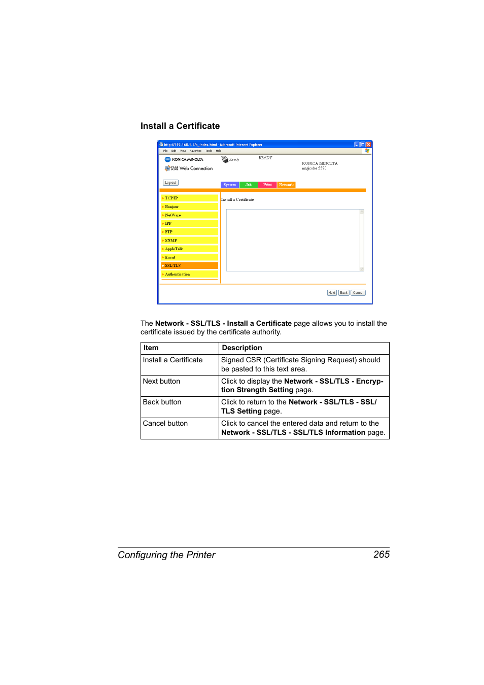 Install a certificate, Install a certificate 265, Configuring the printer 265 | Konica Minolta magicolor 5550 User Manual | Page 283 / 296