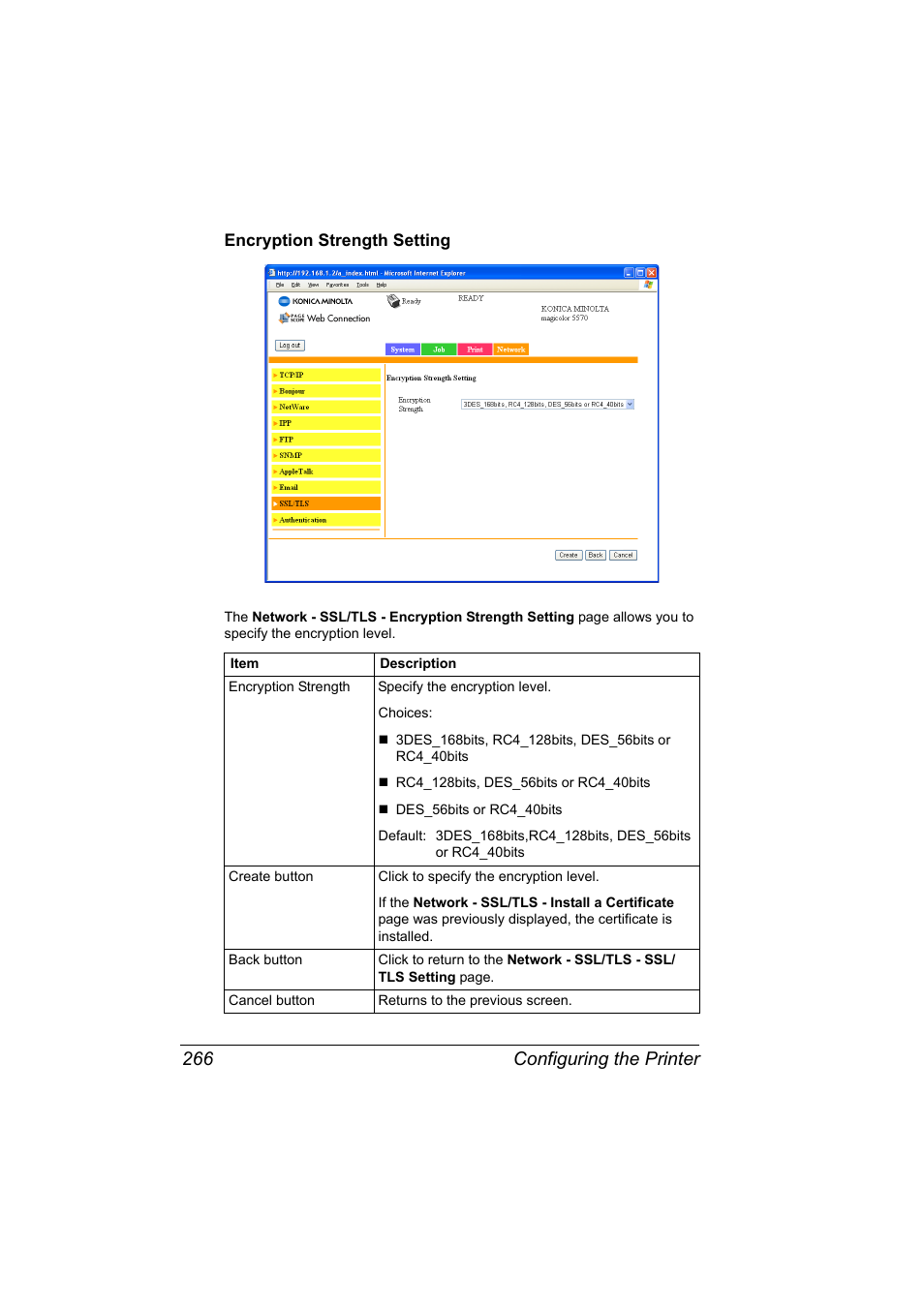 Encryption strength setting, Encryption strength setting 266, Configuring the printer 266 | Konica Minolta magicolor 5550 User Manual | Page 284 / 296