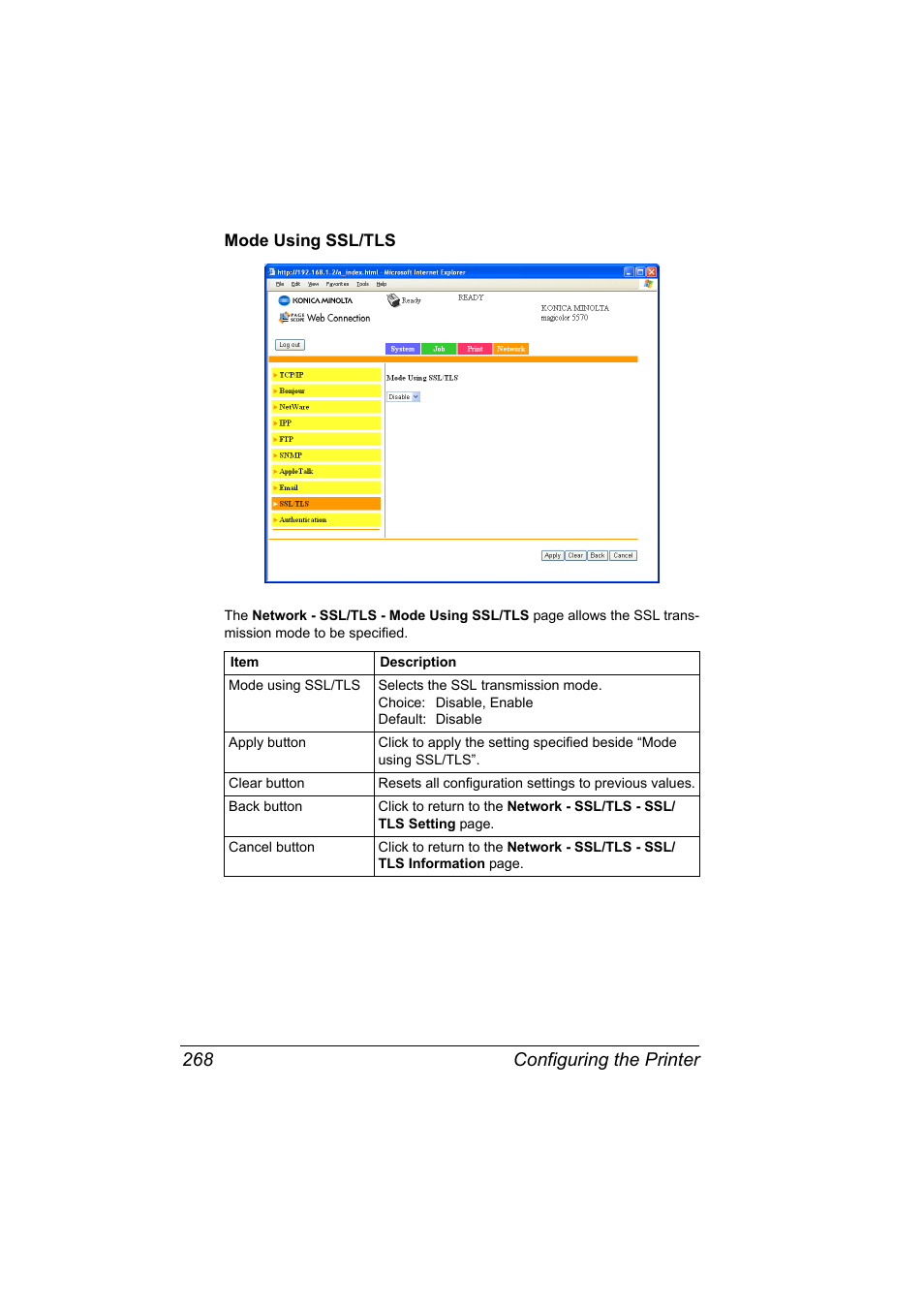 Mode using ssl/tls, Mode using ssl/tls 268, Configuring the printer 268 | Konica Minolta magicolor 5550 User Manual | Page 286 / 296