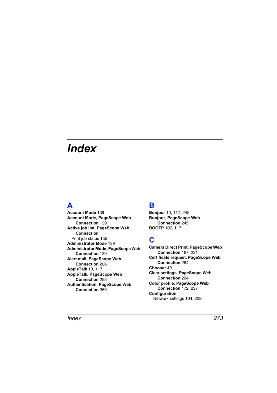 Index, A to c | Konica Minolta magicolor 5550 User Manual | Page 291 / 296