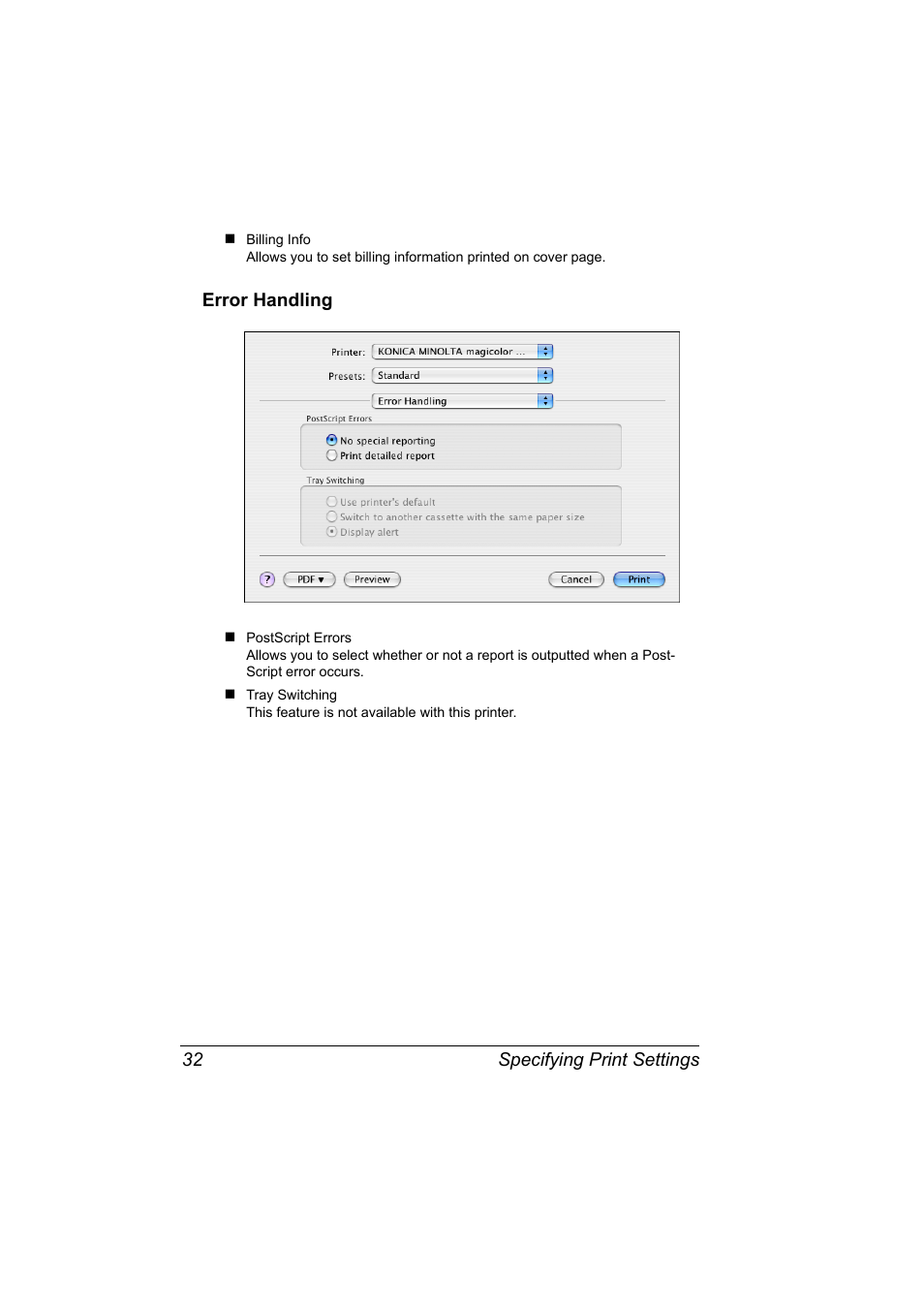 Error handling, Error handling 32 | Konica Minolta magicolor 5550 User Manual | Page 50 / 296