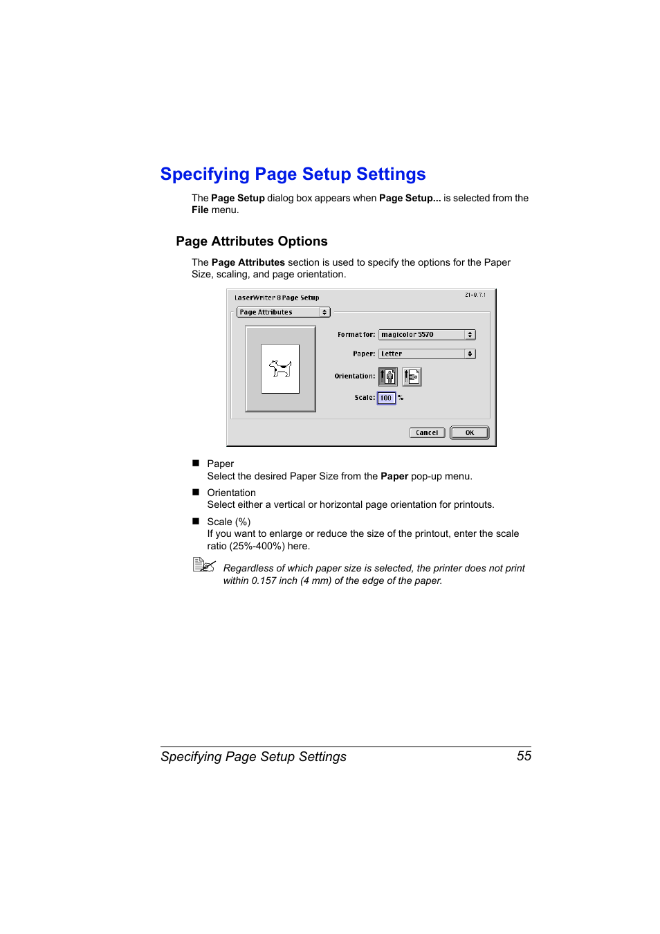 Specifying page setup settings | Konica Minolta magicolor 5550 User Manual | Page 73 / 296
