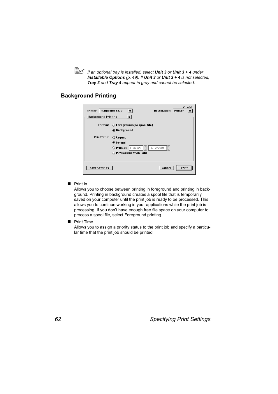 Background printing, Background printing 62 | Konica Minolta magicolor 5550 User Manual | Page 80 / 296