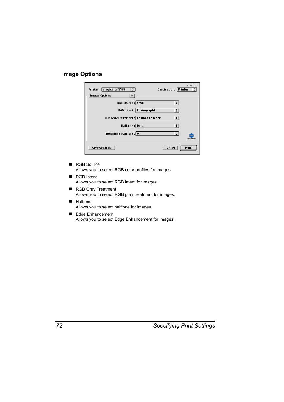 Image options, Image options 72, Specifying print settings 72 image options | Konica Minolta magicolor 5550 User Manual | Page 90 / 296