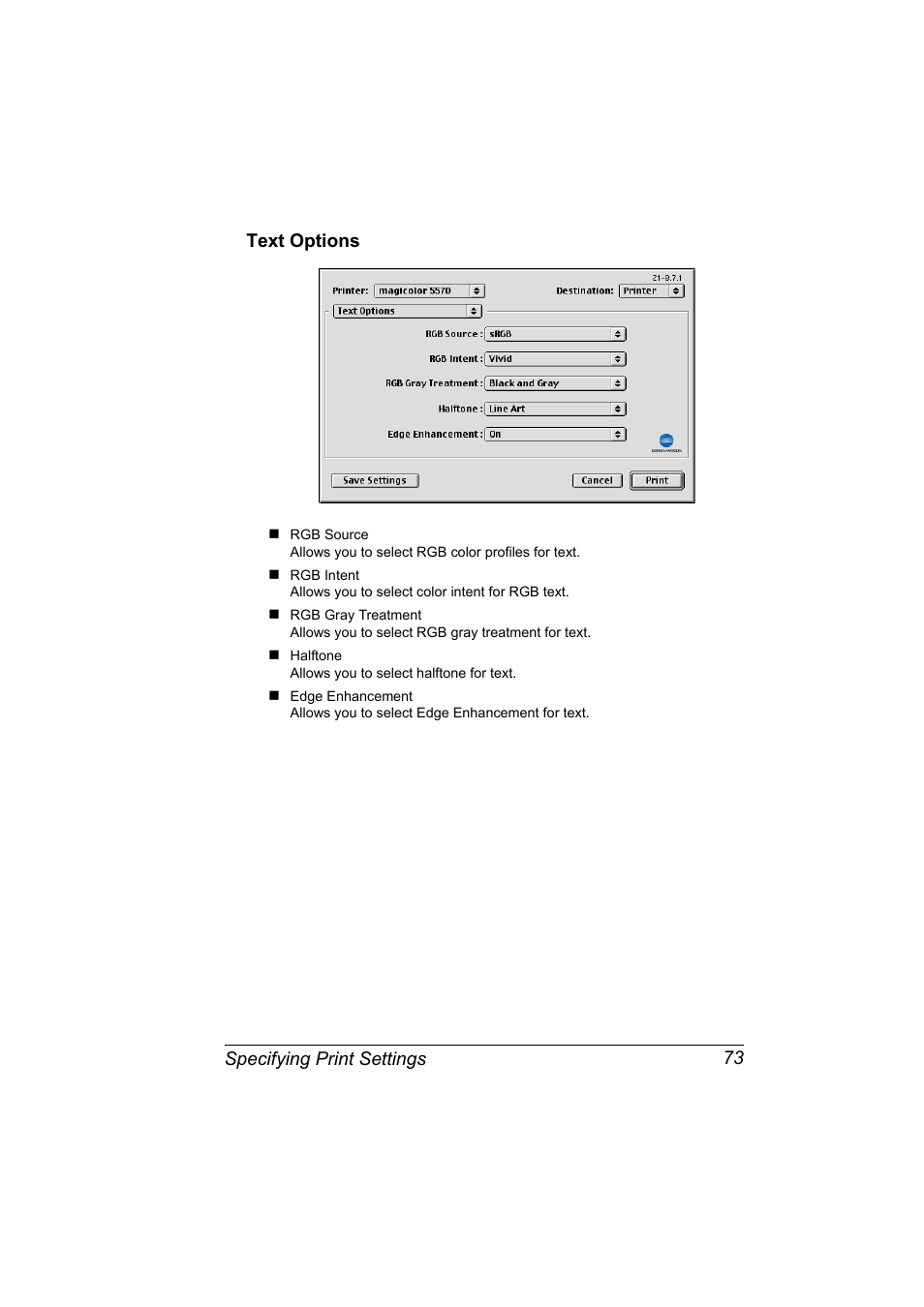 Text options, Text options 73, Specifying print settings 73 text options | Konica Minolta magicolor 5550 User Manual | Page 91 / 296