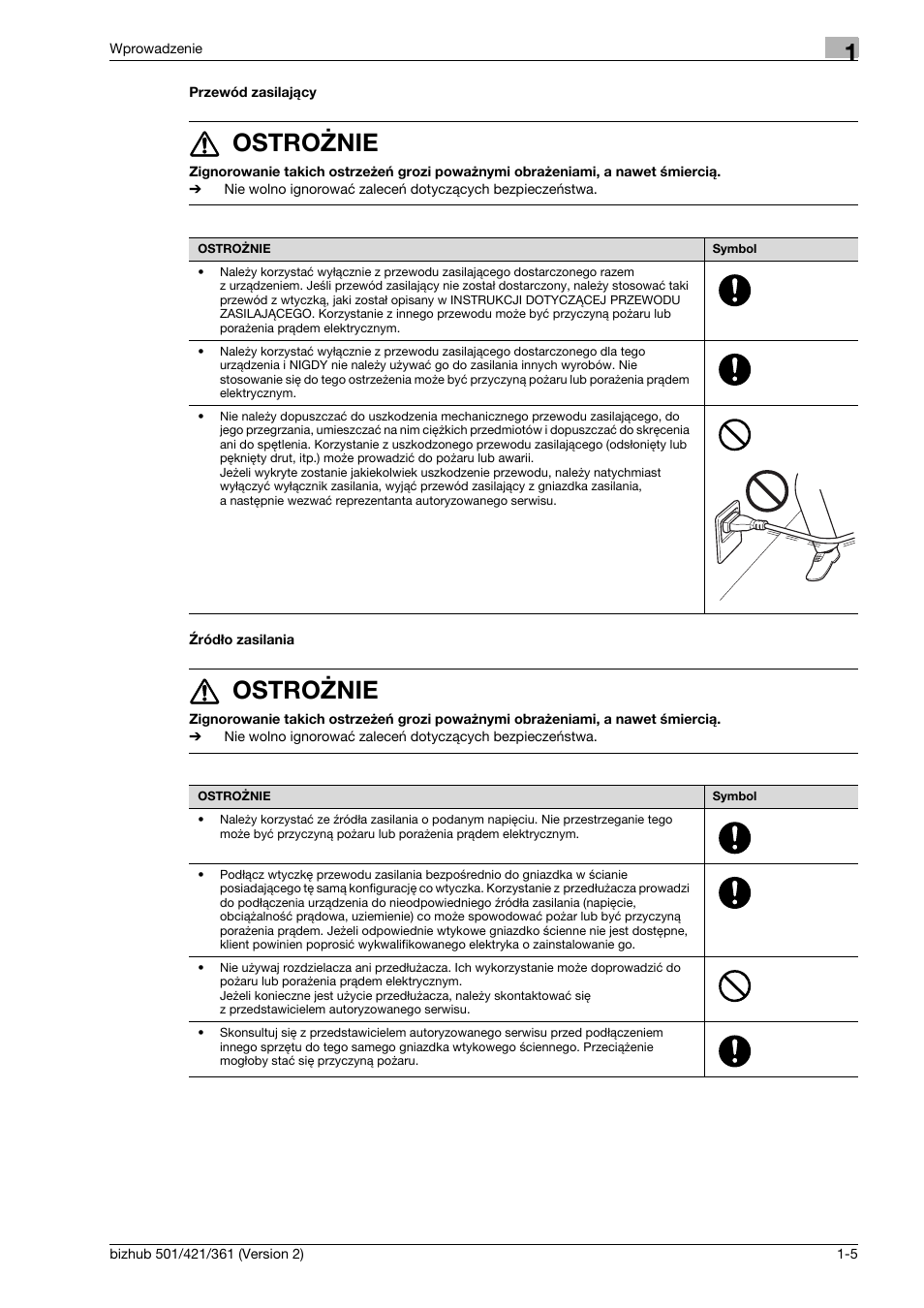 Przewód zasilaj¶cy, Ród¸o zasilania, 7 ostrożnie | Konica Minolta bizhub 501 User Manual | Page 11 / 288