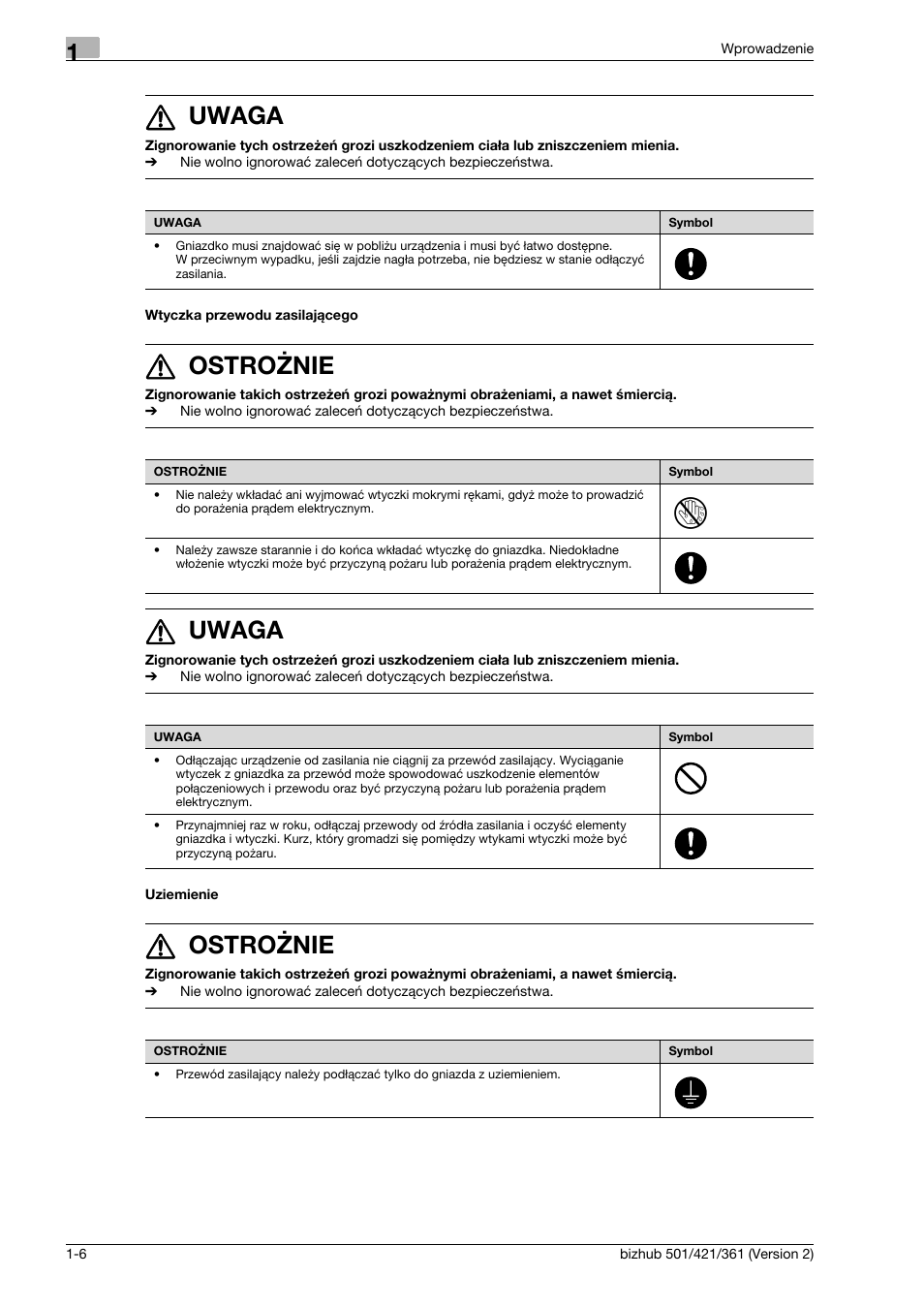 Wtyczka przewodu zasilaj¶cego, Uziemienie, 7 uwaga | 7 ostrożnie | Konica Minolta bizhub 501 User Manual | Page 12 / 288