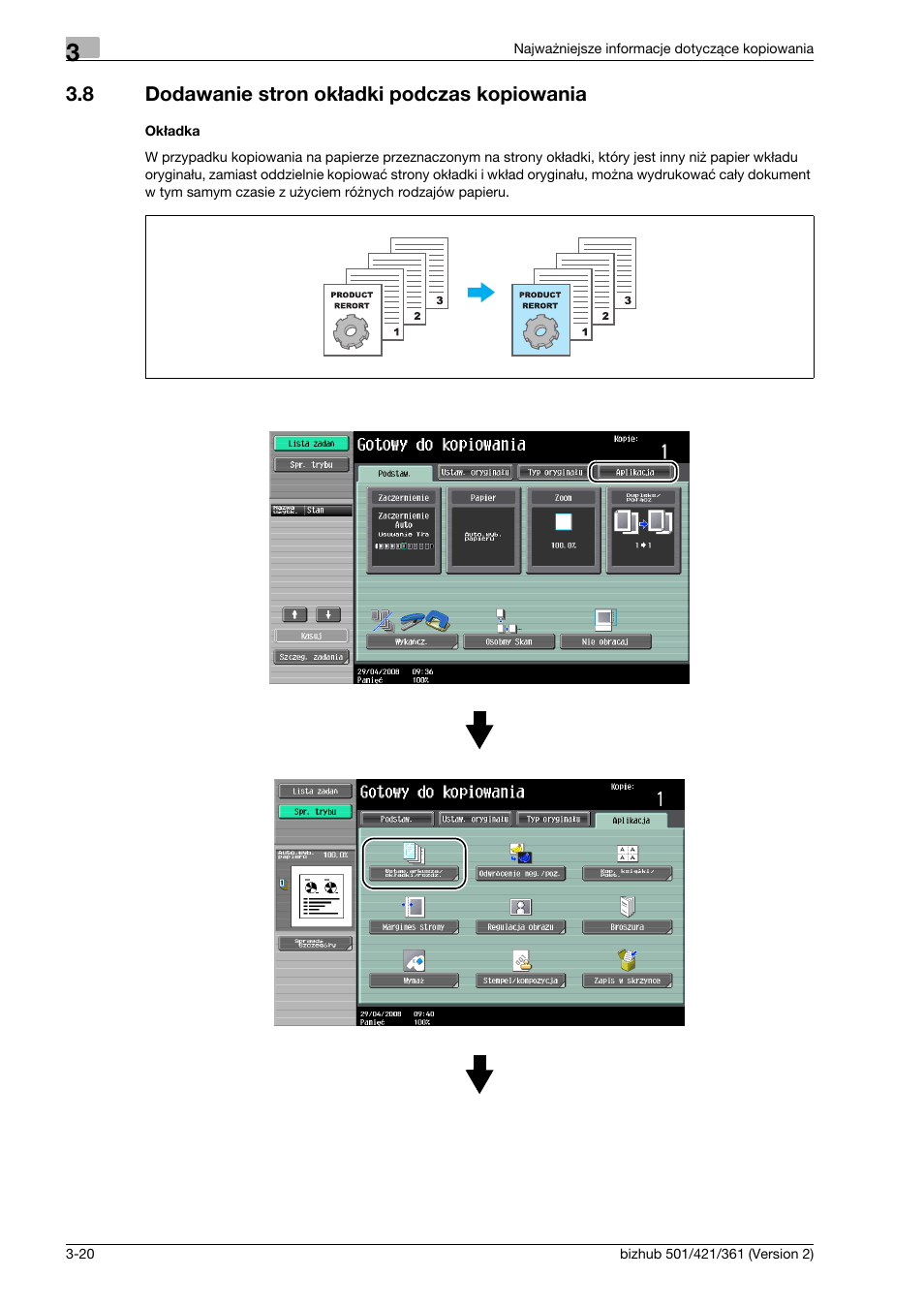 8 dodawanie stron ok¸adki podczas kopiowania, Ok¸adka, Dodawanie stron okładki podczas kopiowania -20 | Konica Minolta bizhub 501 User Manual | Page 132 / 288