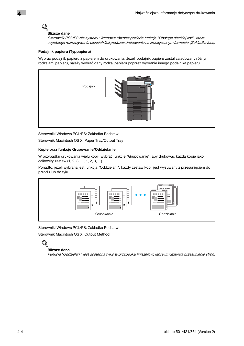 Podajnik papieru (typpapieru), Kopie oraz funkcje grupowanie/oddzielanie | Konica Minolta bizhub 501 User Manual | Page 156 / 288