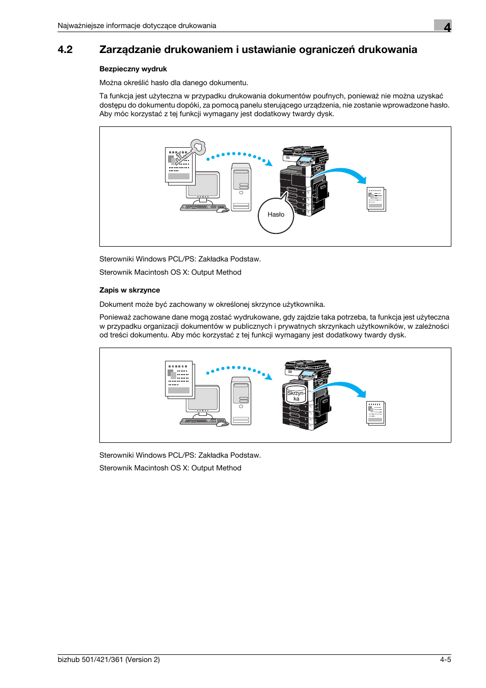 Bezpieczny wydruk, Zapis w skrzynce | Konica Minolta bizhub 501 User Manual | Page 157 / 288