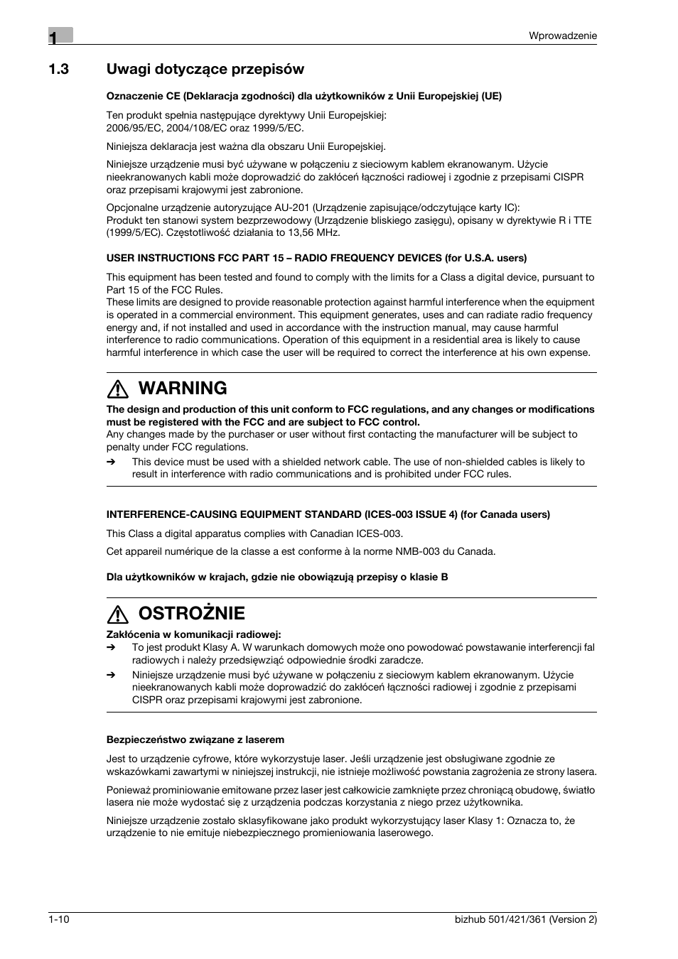 3 uwagi dotycz¶ce przepisów, Bezpieczeñstwo zwi¶zane z laserem, Uwagi dotyczące przepisów -10 | 7 warning, 7 ostrożnie, 3 uwagi dotyczące przepisów | Konica Minolta bizhub 501 User Manual | Page 16 / 288