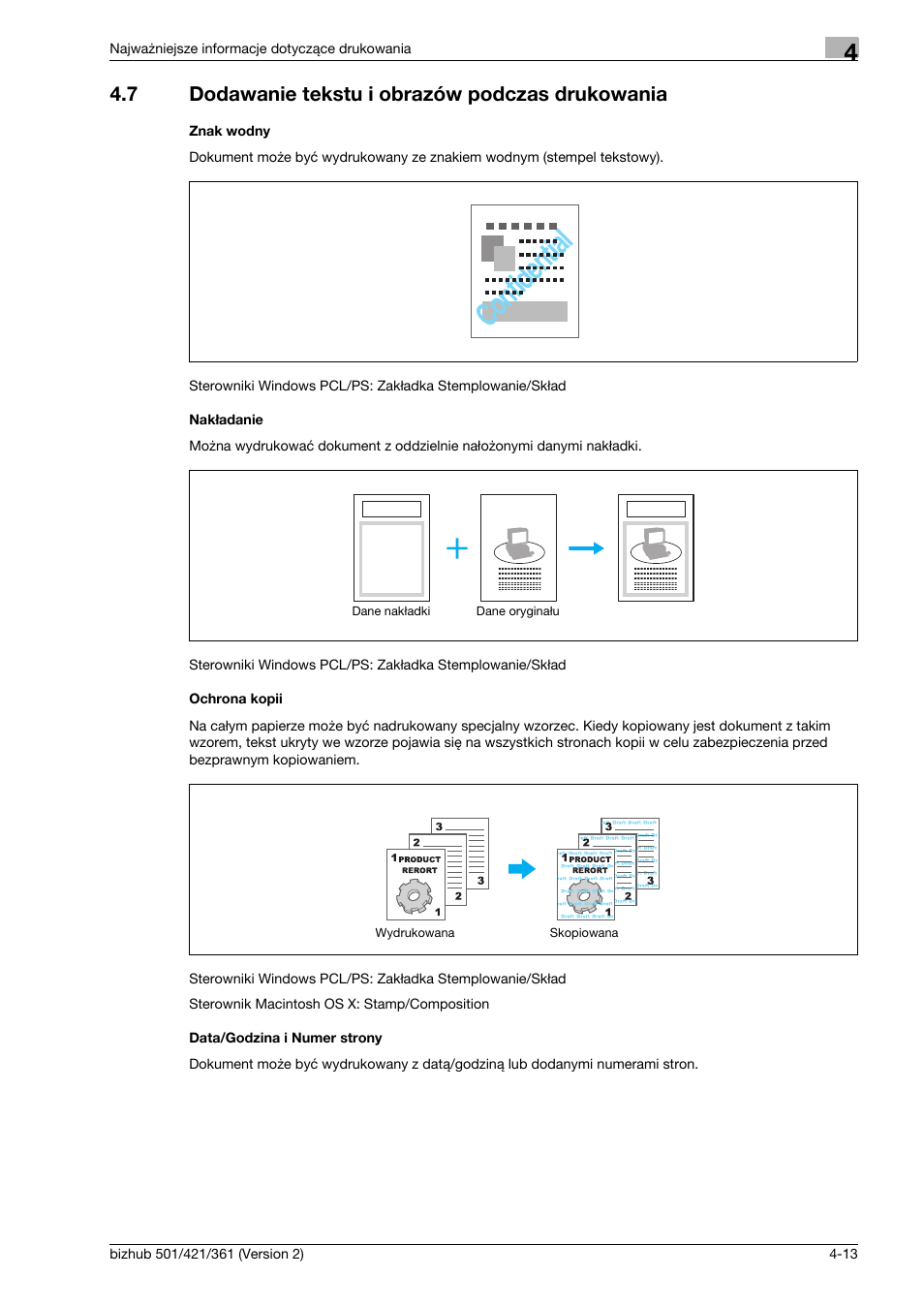 7 dodawanie tekstu i obrazów podczas drukowania, Znak wodny, Nak¸adanie | Ochrona kopii, Data/godzina i numer strony, Dodawanie tekstu i obrazów podczas drukowania -13, Confidential | Konica Minolta bizhub 501 User Manual | Page 165 / 288