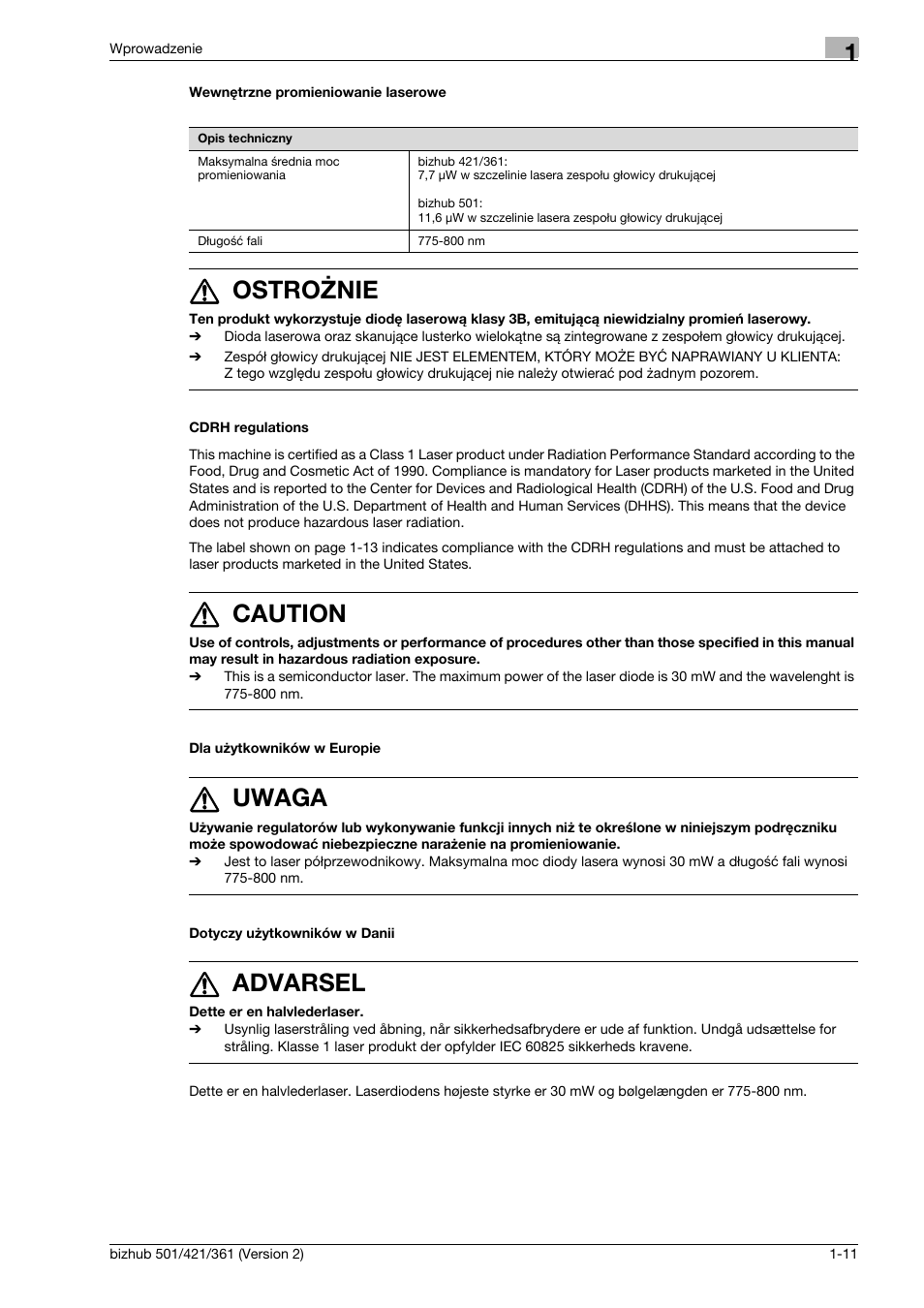 Wewnêtrzne promieniowanie laserowe, Cdrh regulations, Dla u¿ytkowników w europie | Dotyczy u¿ytkowników w danii, 7 ostrożnie, 7 caution, 7 uwaga, 7 advarsel | Konica Minolta bizhub 501 User Manual | Page 17 / 288