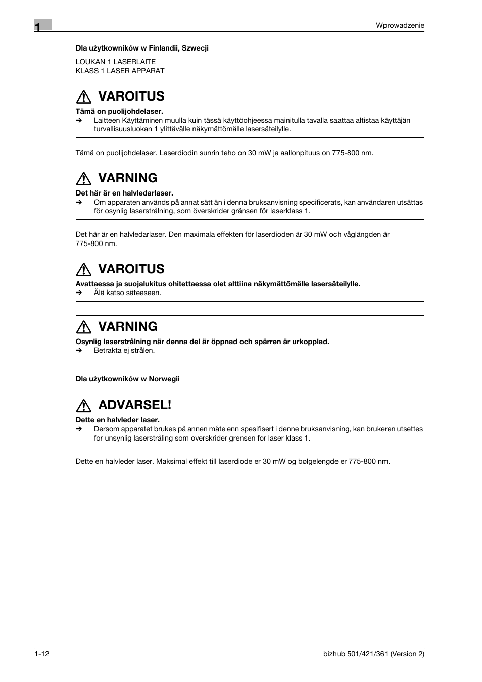 Dla u¿ytkowników w finlandii, szwecji, Dla u¿ytkowników w norwegii, 7 varoitus | 7 varning, 7 advarsel | Konica Minolta bizhub 501 User Manual | Page 18 / 288