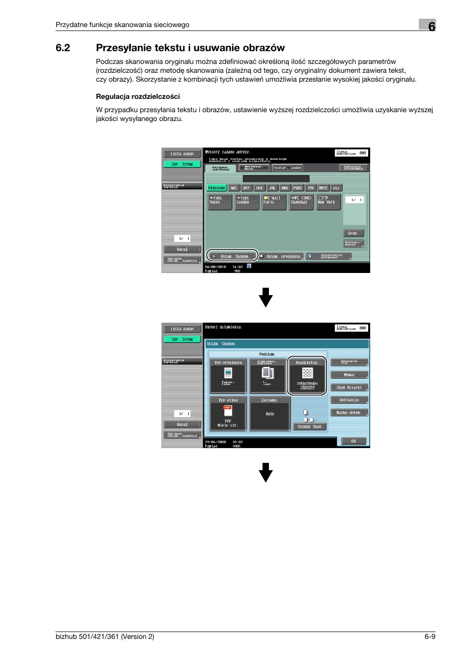 2 przesy¸anie tekstu i usuwanie obrazów, Regulacja rozdzielczoœci, Przesyłanie tekstu i usuwanie obrazów -9 | Konica Minolta bizhub 501 User Manual | Page 207 / 288