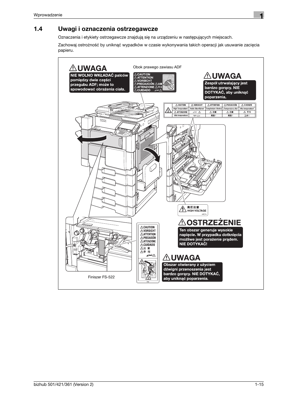 4 uwagi i oznaczenia ostrzegawcze, Uwagi i oznaczenia ostrzegawcze -15 | Konica Minolta bizhub 501 User Manual | Page 21 / 288