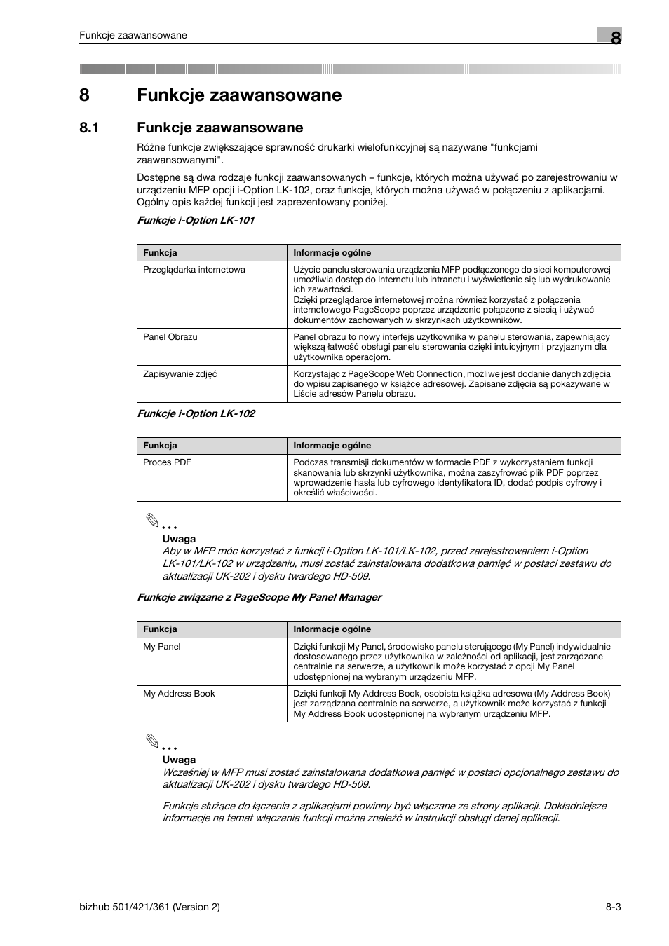 8 funkcje zaawansowane, 1 funkcje zaawansowane, Funkcje zaawansowane | Funkcje zaawansowane -3, 8funkcje zaawansowane | Konica Minolta bizhub 501 User Manual | Page 247 / 288