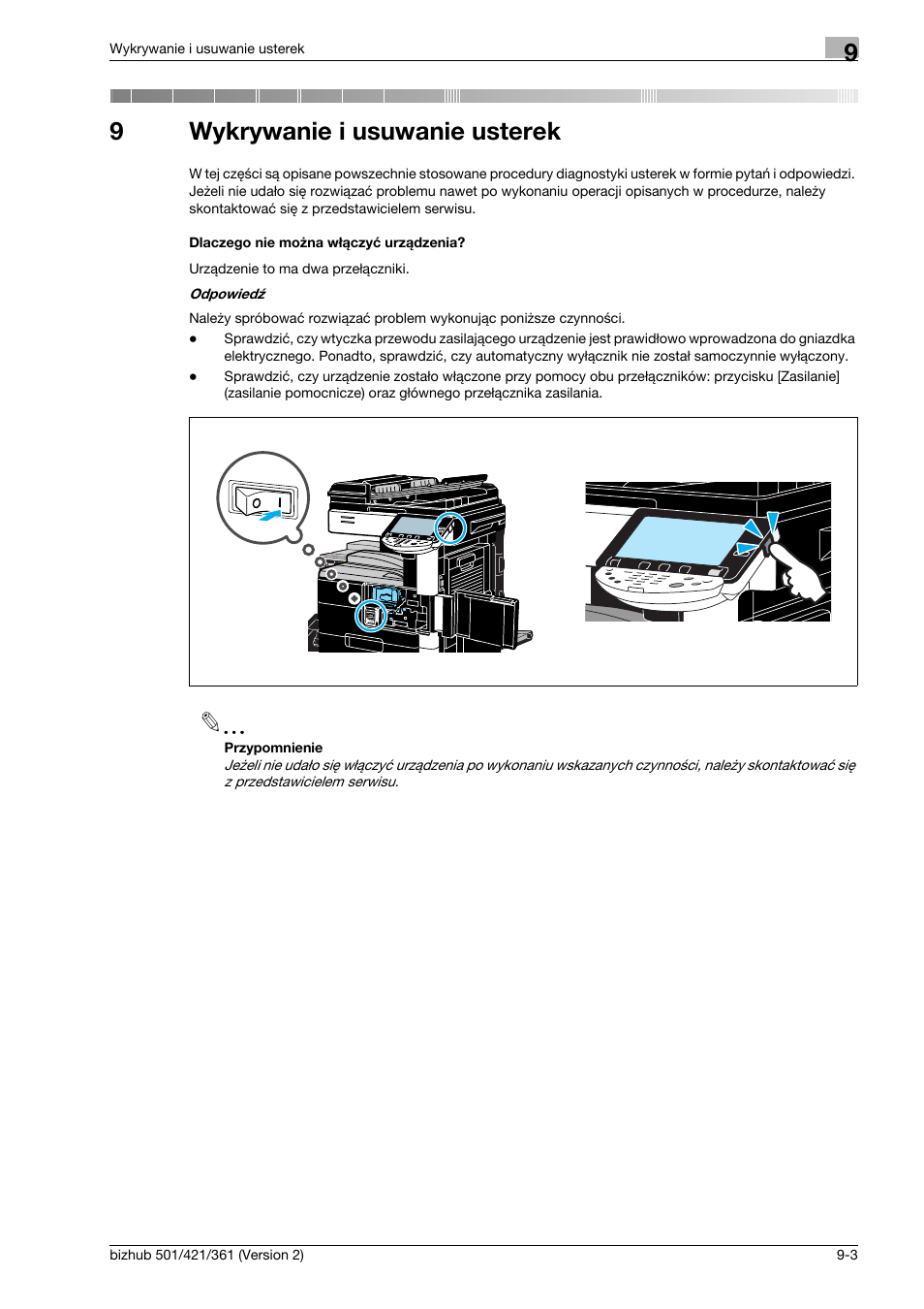 9 wykrywanie i usuwanie usterek, Dlaczego nie mo¿na w¸¶czyæ urz¶dzenia, Wykrywanie i usuwanie usterek | 9wykrywanie i usuwanie usterek | Konica Minolta bizhub 501 User Manual | Page 259 / 288