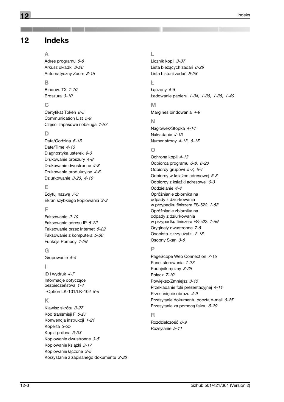 12 indeks, Indeks | Konica Minolta bizhub 501 User Manual | Page 287 / 288