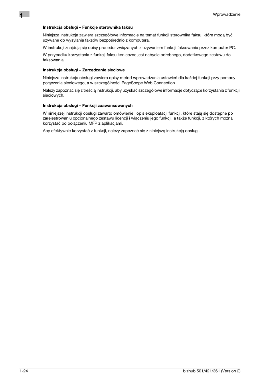 Instrukcja obs¸ugi - funkcje sterownika faksu, Instrukcja obs¸ugi - zarz¶dzanie sieciowe, Instrukcja obs¸ugi - funkcji zaawansowanych | Konica Minolta bizhub 501 User Manual | Page 30 / 288