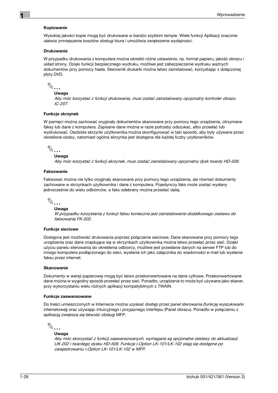 Kopiowanie, Drukowanie, Funkcje skrzynek | Faksowanie, Funkcje sieciowe, Skanowanie, Funkcje zaawansowane | Konica Minolta bizhub 501 User Manual | Page 32 / 288