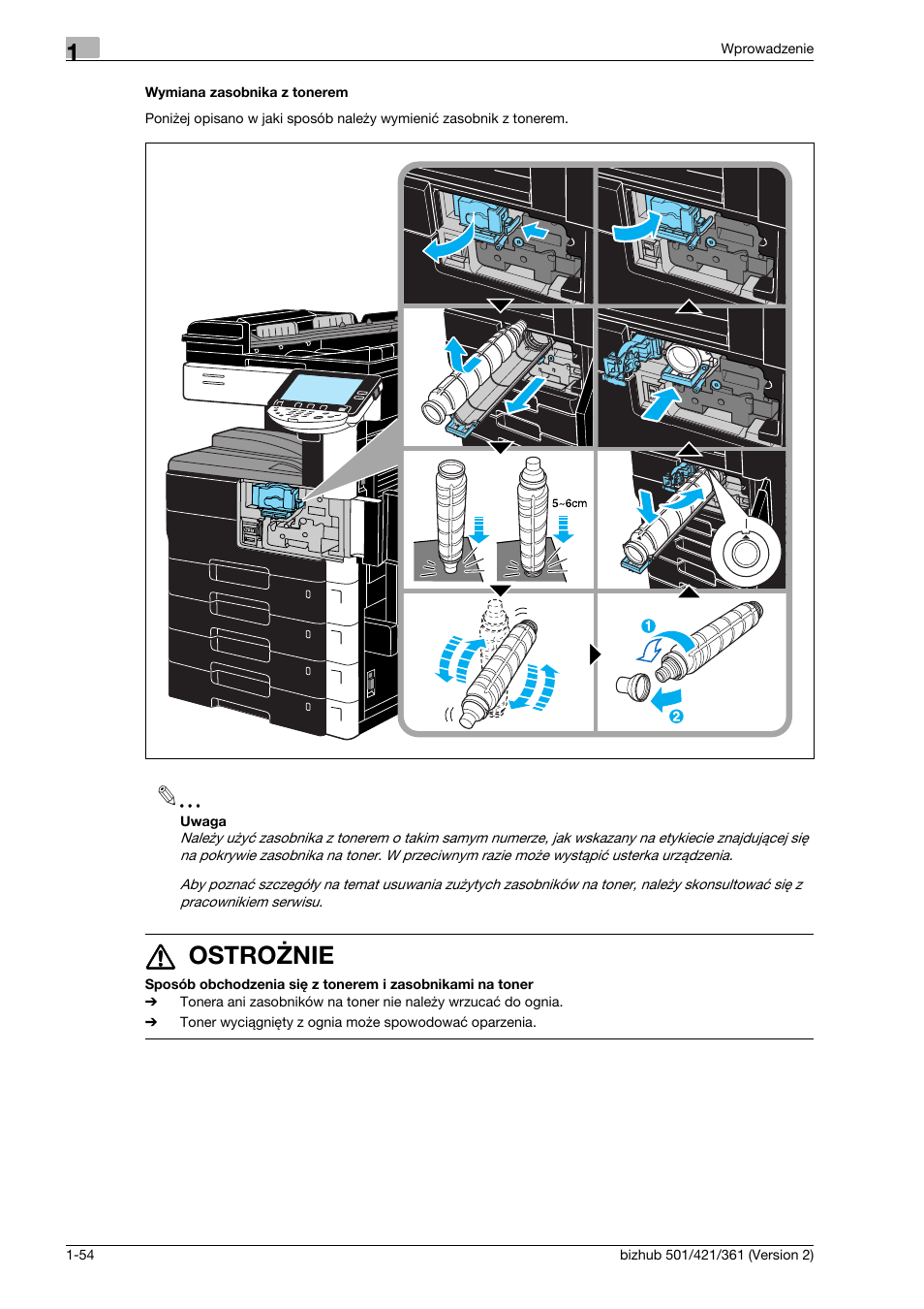 Wymiana zasobnika z tonerem, 7 ostrożnie | Konica Minolta bizhub 501 User Manual | Page 60 / 288