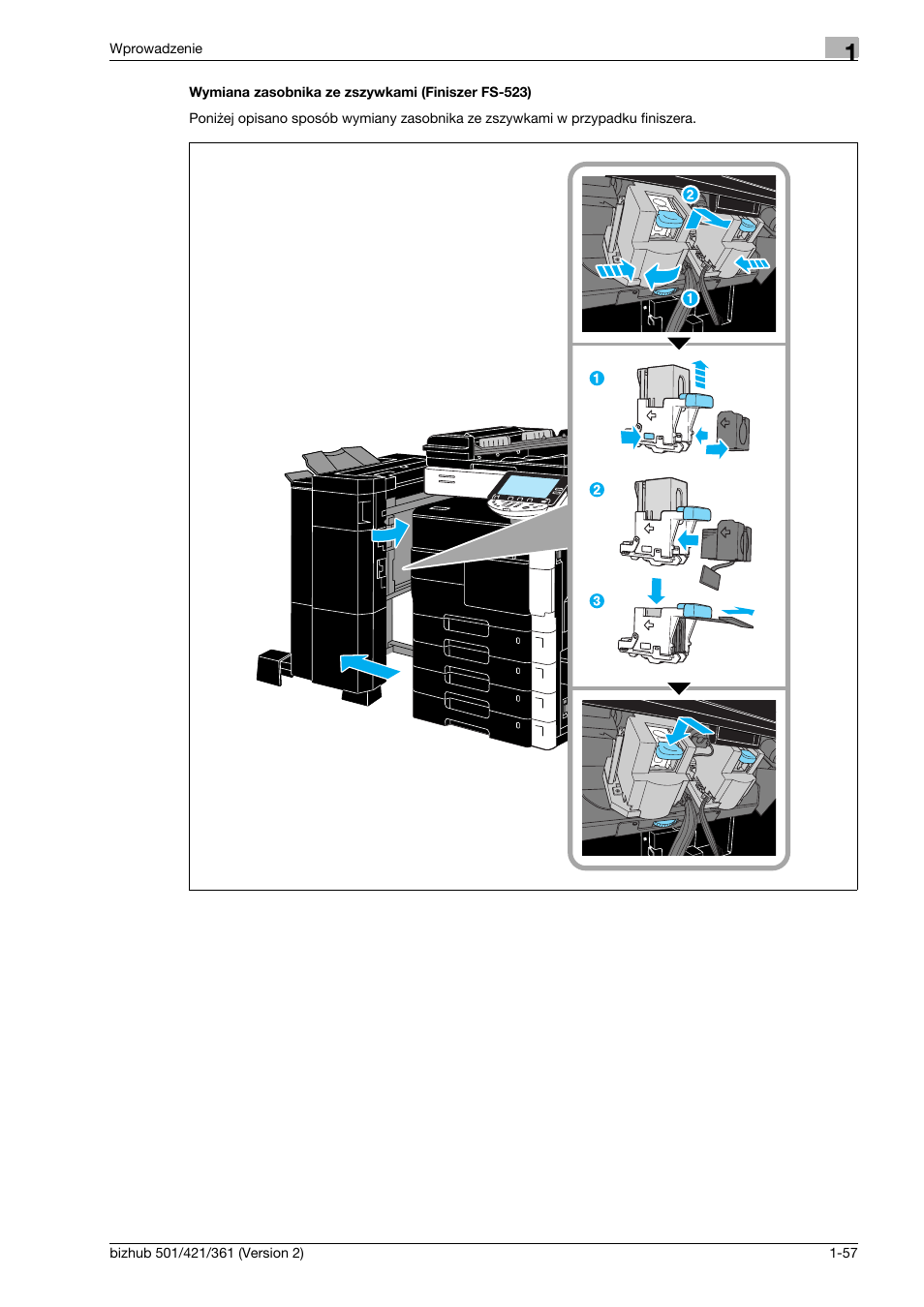 Wymiana zasobnika ze zszywkami (finiszer fs-523) | Konica Minolta bizhub 501 User Manual | Page 63 / 288