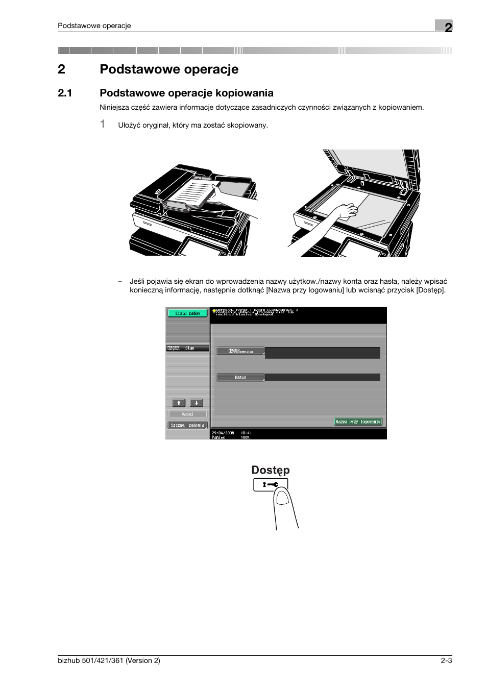 2 podstawowe operacje, 1 podstawowe operacje kopiowania, Podstawowe operacje | Podstawowe operacje kopiowania -3, 2podstawowe operacje | Konica Minolta bizhub 501 User Manual | Page 71 / 288