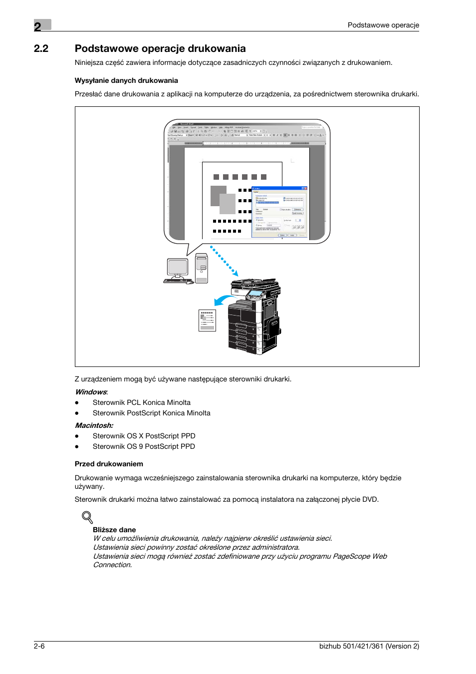 2 podstawowe operacje drukowania, Wysy¸anie danych drukowania, Przed drukowaniem | Podstawowe operacje drukowania -6 | Konica Minolta bizhub 501 User Manual | Page 74 / 288