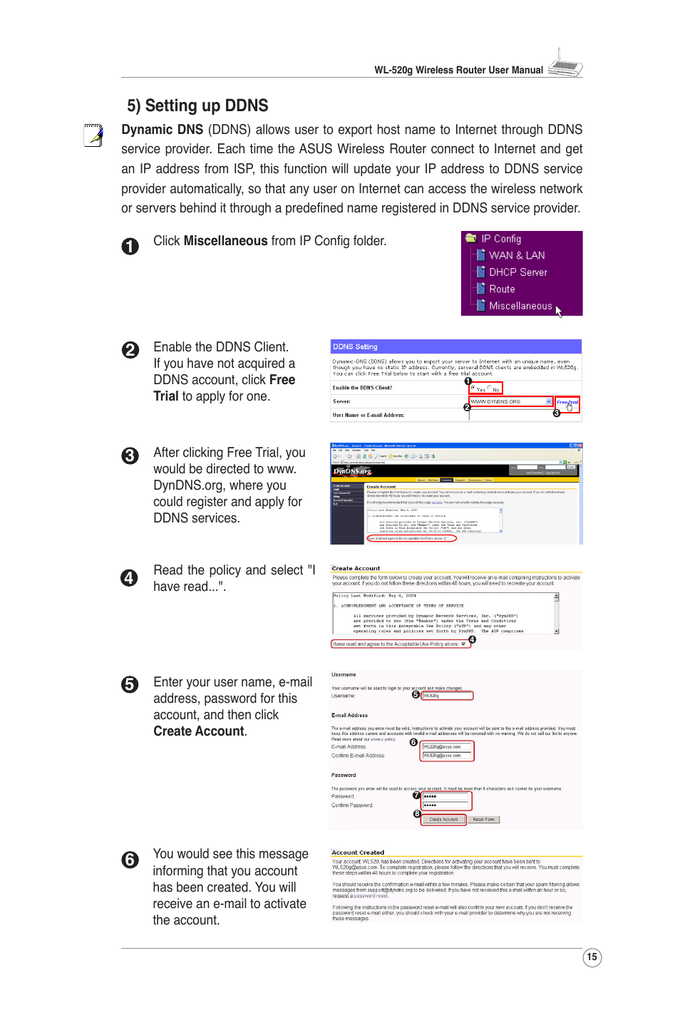 5) setting up ddns | Asus WL-520G User Manual | Page 16 / 31