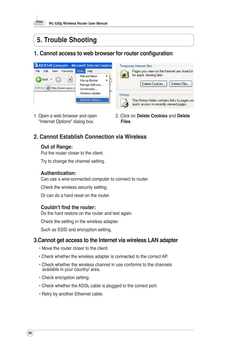 Trouble shooting, Cannot establish connection via wireless | Asus WL-520G User Manual | Page 21 / 31