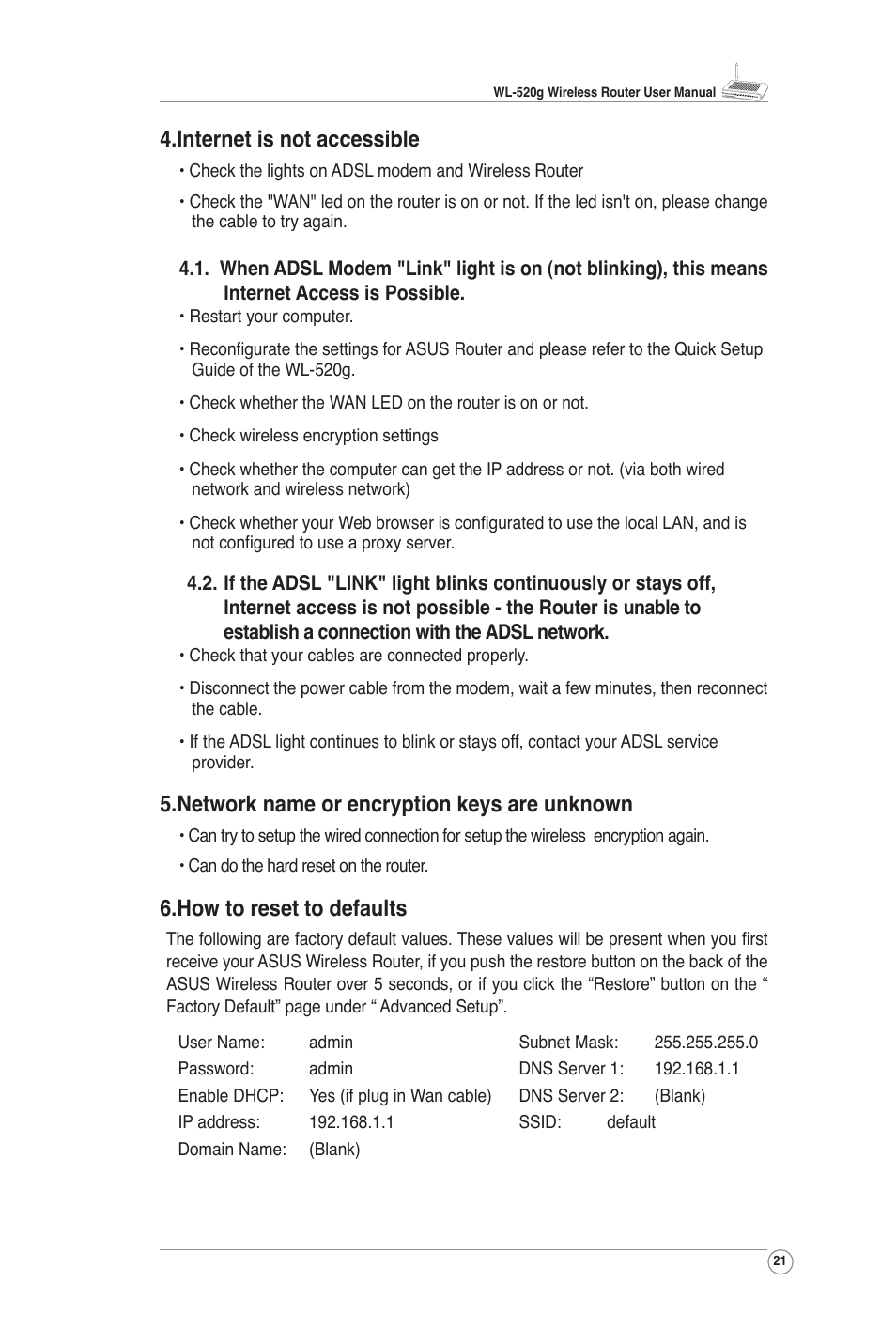 Internet is not accessible, Network name or encryption keys are unknown, How to reset to defaults | Asus WL-520G User Manual | Page 22 / 31