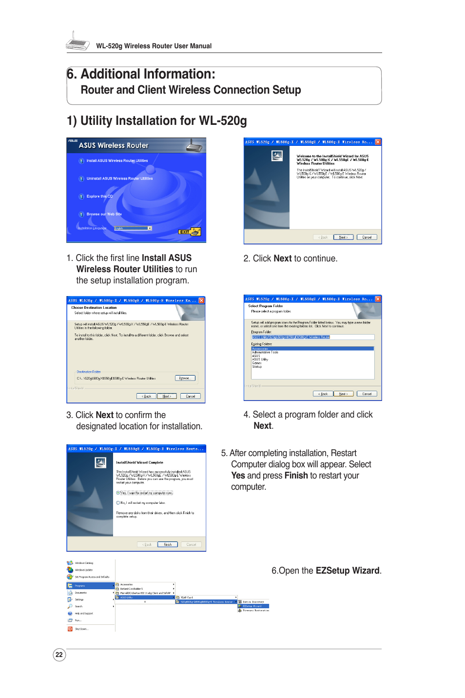 Additional information, 1) utility installation for wl-520g, Router and client wireless connection setup | Asus WL-520G User Manual | Page 23 / 31