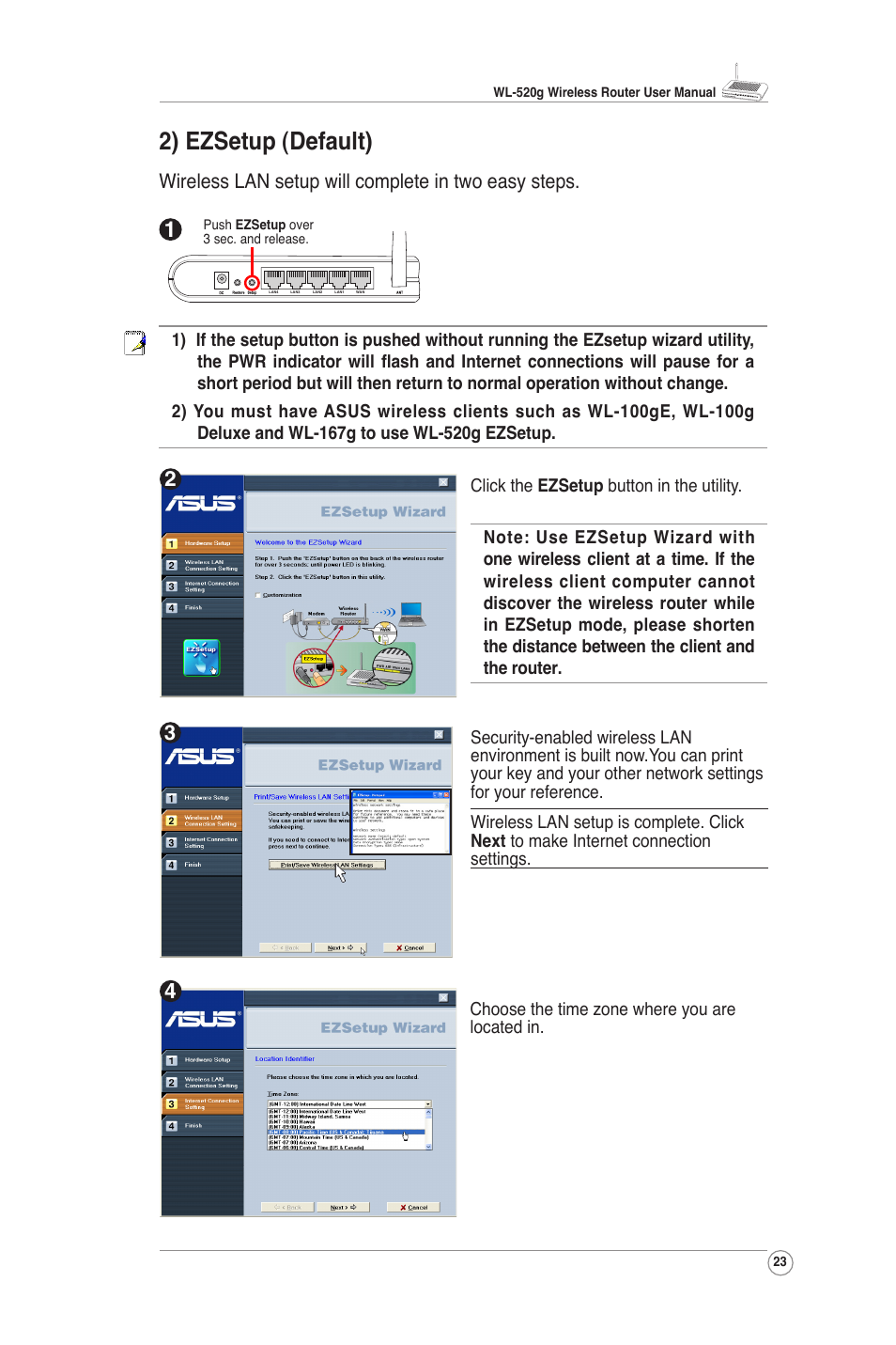 2) ezsetup (default), Wireless lan setup will complete in two easy steps | Asus WL-520G User Manual | Page 24 / 31
