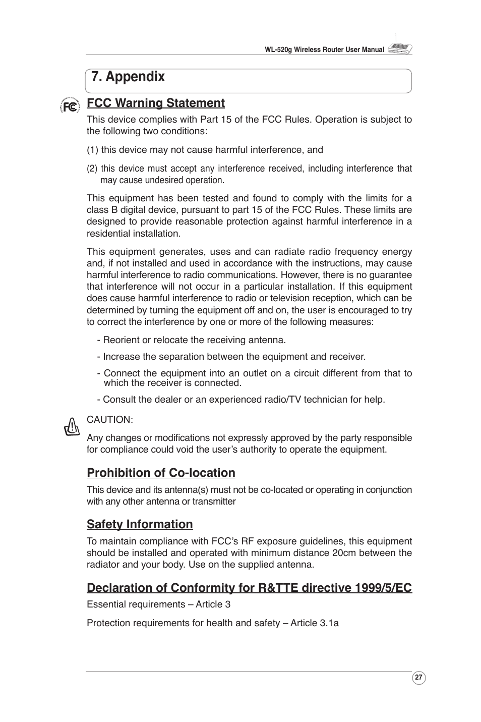 Appendix, Fcc warning statement, Prohibition of co-location | Safety information | Asus WL-520G User Manual | Page 28 / 31