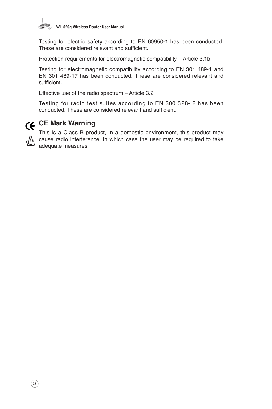 Ce mark warning | Asus WL-520G User Manual | Page 29 / 31