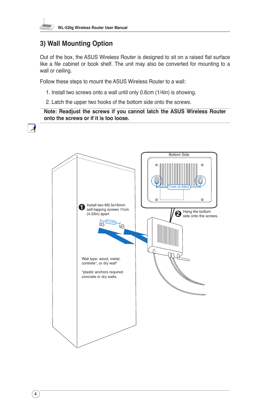 3) wall mounting option | Asus WL-520G User Manual | Page 5 / 31